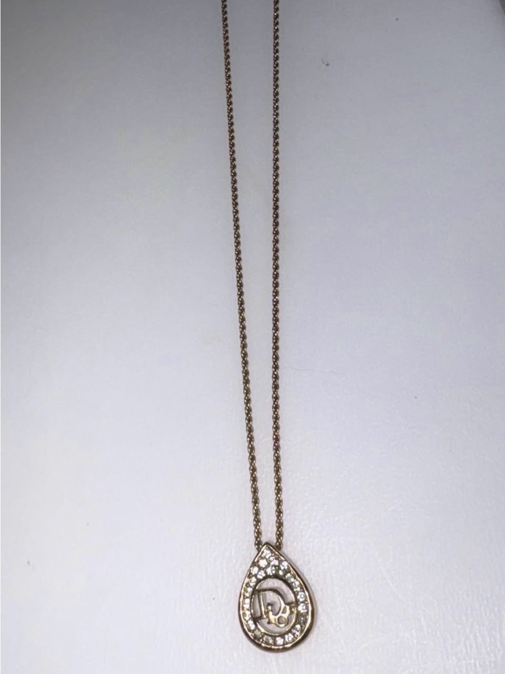 Gold Christian Dior Snake Chain Teardrop Pendant Necklace with Crystal Accents
